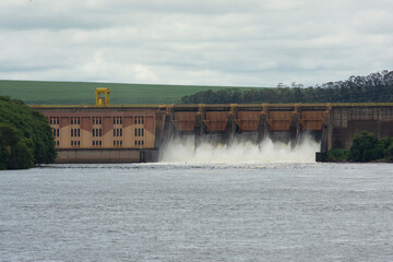 Barra Bonita dam with open hydroelectric plant gates