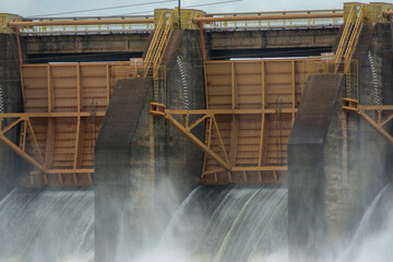 Close up of Barra Bonita dam with open hydroelectric plant gates