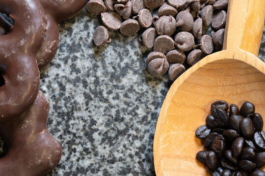 Granite Background With Coffee And Chocolate Framed. High Quality Photo