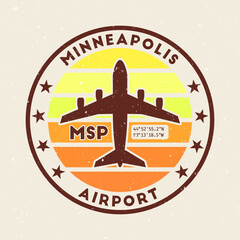 Minneapolis airport insignia. Round badge with vintage stripes, airplane shape, airport IATA code and GPS coordinates. Appealing vector illustration.