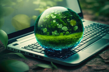 Green Globe and laptop, green bussines concept, generative ai 