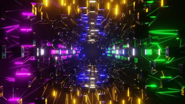 Abstract animation color tunnel reflective cube blocks and lines in neon color light on black background. 3D motion graphic backdrop 