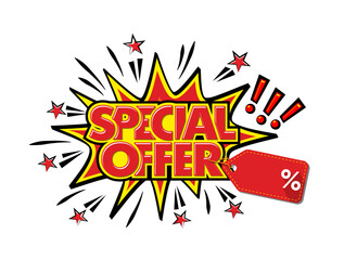Sticker with best offer on the price tag with place of your discount percentage. Comic book style special offer promotion banner. Cartoon explosion with stars. Vector on transparent background