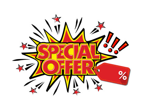 Sticker with best offer on the price tag with place of your discount percentage. Comic book style special offer promotion banner. Cartoon explosion with stars. Vector on transparent background
