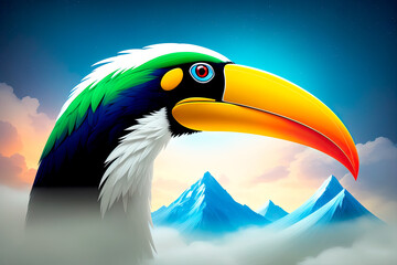 Toucan sitting on the branch in the forest, digital painting art. Ramphastos sulfuratus, bird with big bill. Generative AI