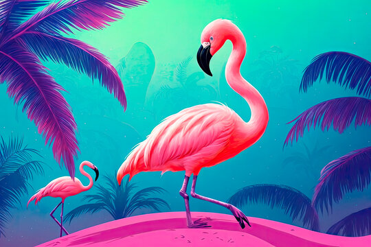 Pink flamingos painting on the moonlight in tropical night. Summer night scene. Creative Caribbean concept. Minimal art composition. Generative AI.