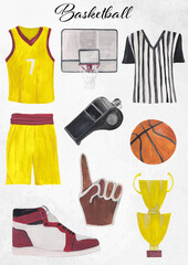 Basketball poster. Printable wall art, home decor, nursery poster. Sport hobby hand painted illustration Basketball form, whistle, fan's glove, ball, basket and judge t-shirt