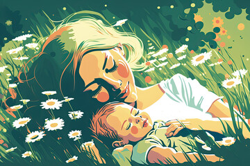An Illustration of a Mother Holding her Baby / Child in a Field Meadow Surrounded by Flowers