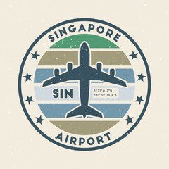 Singapore airport insignia. Round badge with vintage stripes, airplane shape, airport IATA code and GPS coordinates. Stylish vector illustration.