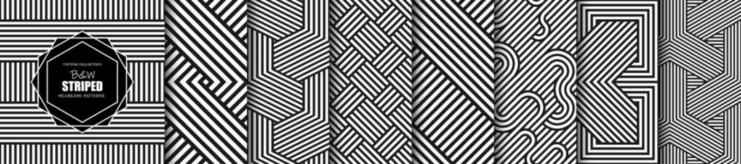 Collection of vector seamless geometric patterns. Striped black and white abstract backgrounds. Monochrome linear textures. Endless unusual prints.