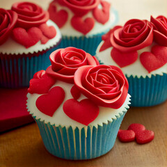Sweet cupcake decorated with red roses and cream hearts. Love concept cupcakes, selective focus