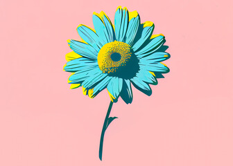 
Minimalistic pop art duotone illustration of a isolated blooming babyblue spring flower with yellow blossom, colorful blue stem and leaf foilage on a light blue background, vector wallpaper (generati