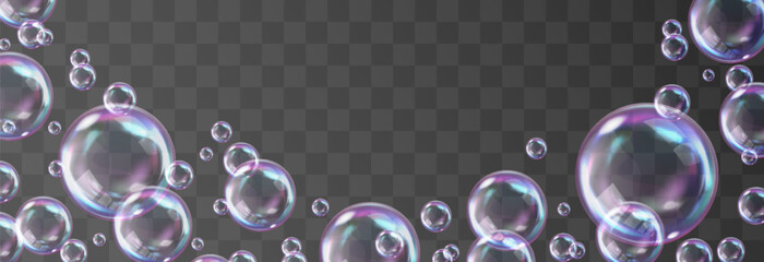 Vector realistic soap bubbles with rainbow reflection isolated on png background. Transparent colorful soap bubbles. Vector design element