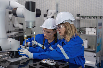 Female senior robotic engineer in modern factory teach new comer operate and maintenance robot arm