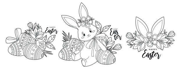 Happy Easter. Сontour pictures for coloring and design. Cute bunny, easter eggs, rabbit ears, flowers and leaves. Image for coloring book, greeting card, print and poster.