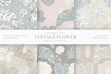 hand drawn lovely vintage flower seamless pattern pack