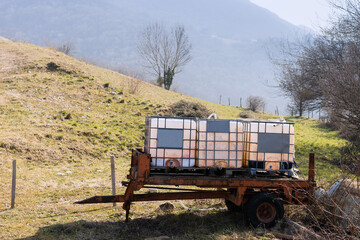 Trailer with a water tanks in the mountains of France, Lyon region