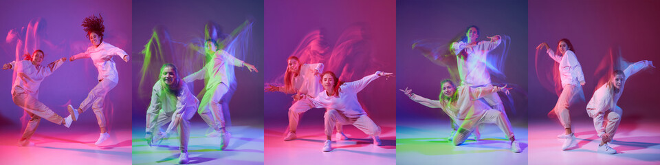 Music in moves. Young expressive contemp dance dancers dancing in mixed neon light. Concept of dance, youth, hobby, dynamics, movement, action, ad. Banner with copy space