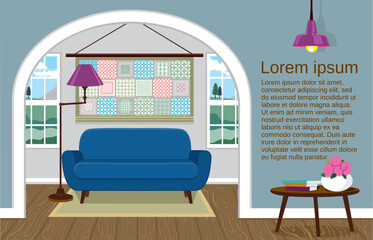 Light interior in a classic, modern and provincial style. Vector illustration of a living room with large windows and space for text - obrazy, fototapety, plakaty