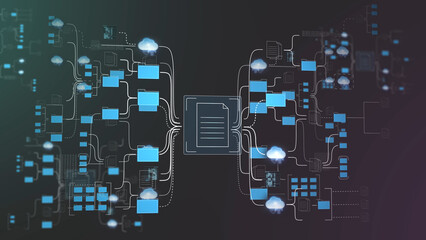 Network of digital data, documents and folders spreads on black background. Backup cloud system, data management and storage