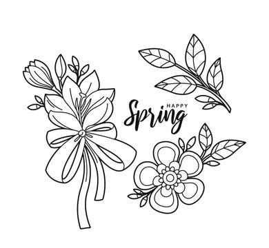 Contour image of  flowers and bow. Elements for coloring and design. Plant elements. Bouquet of flowers. Twig with leaves and flowers. Page for coloring book, greeting card, print and poster.