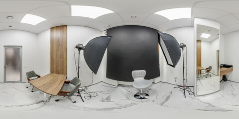 full spherical seamless hdri panorama 360 degrees in interior of small photo studio with lighting...