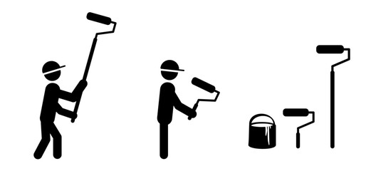 Cartoon stickman, stick figure man with color paint roller. Vector home improvement or house renovation. People painting interior wall with paint rollers and repairing. Handyman, tools icon