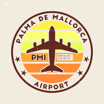 Palma De Mallorca airport insignia. Round badge with vintage stripes, airplane shape, airport IATA code and GPS coordinates. Classy vector illustration.