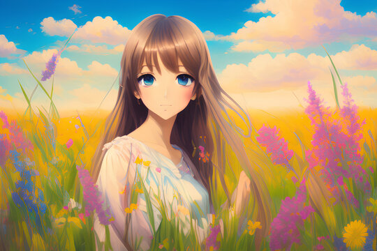 Anime girl, nature background, artistic - Generative AI