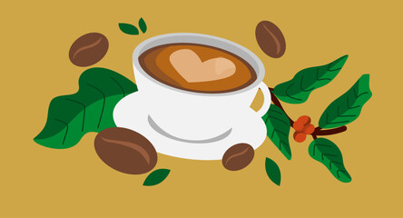 coffee in cup with heart latte art. with coffee plant icon, and coffee bean. concept of drink, coffee shop, work, barista. flat vector style.
