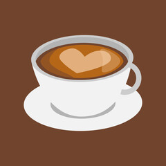 coffee in cup with heart latte art. isolated on brown background. concept of drink, coffee shop, work, barista. flat vector style.