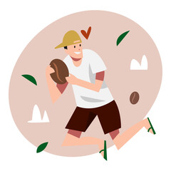 young man holding big coffee bean like playing rugby. fly, soar in the air. concept of coffee, plants, cafe, feel free. with coffee, love, leaf, cloud icons. flat vector illustration.