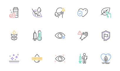 Organic tested, Health eye and Hand sanitizer line icons for website, printing. Collection of Thermometer, Vaccination announcement, Myopia icons. Gluten free, Medical mask. Vector