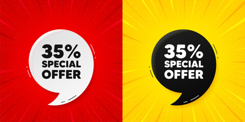 35 percent discount offer tag. Flash offer banner with quote. Sale price promo sign. Special offer symbol. Starburst beam banner. Discount speech bubble. Vector