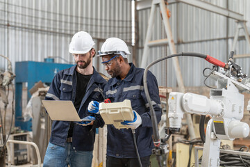 Male engineers wearing vest with helmet safety using laptop and remote controller control inspection robot arm welding machine in factory. Team of technician automation robot system.