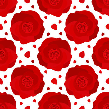Red rose seamless pattern on white background. Rose flowers with petals for print in Happy mother day, womens day, girls birthday, Valentines day. Gift box paper, wallpaper etc. Vector illustration