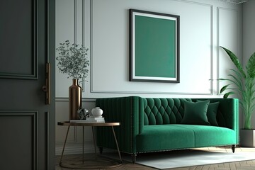 emtpy frame on a Wall in a stylish living room with a green couch. Mock up template for Design or product placement created using generative AI tools