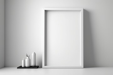 Blank frame on White Wall sitting on a shelf. Mock up template for Design or product placement created using generative AI tools