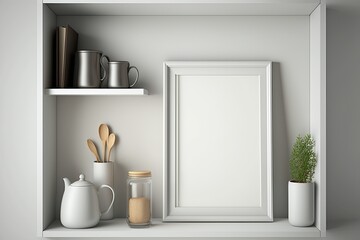 Blank frame on White Wall sitting on a shelf. Mock up template for Design or product placement created using generative AI tools
