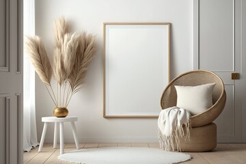 Blank frame on White Wall in stylish living room. Mock up template for Design or product placement created using generative AI tools