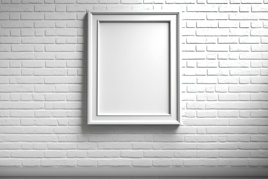 Blank frame on white brick Wall in empty room. Mock up template for Design or product placement created using generative AI tools