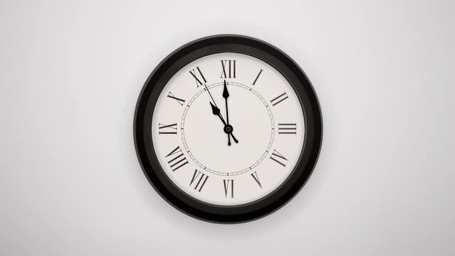 The Time On The Clock Eleven. White Wall Clock With Black Rim And Black Hands. 4k, ProRes