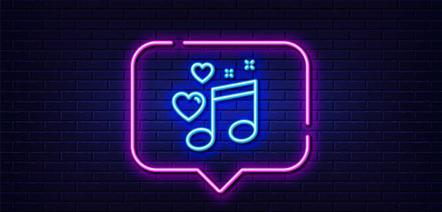 Neon light speech bubble. Love music line icon. Romantic musical note sign. Couple relationships symbol. Neon light background. Love music glow line. Brick wall banner. Vector