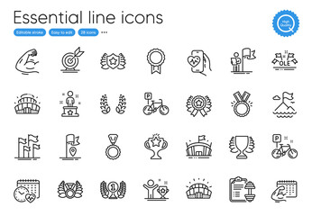 Bike, Flag and Arena line icons. Collection of Fitness calendar, Victory, Medal icons. Winner ribbon, Arena stadium, Dumbbell web elements. Leadership, Winner, Laureate medal. Strong arm. Vector