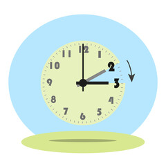 Daylight Saving Time. Clock set to an hour ahead. Spring forward.