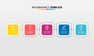 Business infographic template process with simple geometry square, rectangle, circle, triangle, curves in flat design template with thin line icons and 5 options or steps. Vector illustration.