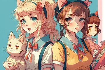 Naklejka premium Pretty anime school girl looking at you illustration generative ai