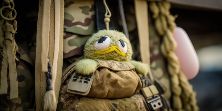 A Plush Toy Adorning A Soldier's Backpack During Active Duty In A War Zone. Emotional Resilience In The Face Of Adversity.  Digital Ai Art