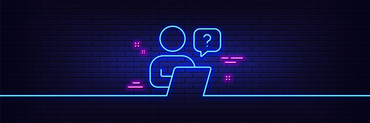 Neon light glow effect. Online question line icon. Ask help sign. Outsource support symbol. 3d line neon glow icon. Brick wall banner. Online question outline. Vector