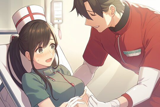 Pretty Anime Nurse Healing A Patient In Hospital Illustration Generative Ai